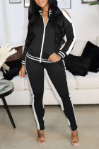 Black White Casual Sportswear Solid Hollowed Out Split Joint Zipper Zipper Collar Long Sleeve Two Pieces