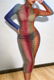 Green Fashion Sexy Striped Print See-through Turtleneck Long Sleeve Dresses