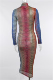 Green Fashion Sexy Striped Print See-through Turtleneck Long Sleeve Dresses