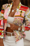 Pink Fashion Casual Print Cardigan Zipper Collar Outerwear