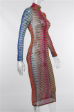 Green Fashion Sexy Striped Print See-through Turtleneck Long Sleeve Dresses