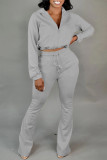 Grey Fashion Casual Solid Basic Zipper Collar Long Sleeve Two Pieces