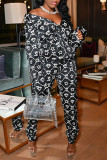 Black Fashion Casual Print Basic V Neck Long Sleeve Two Pieces