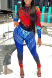 Red Sexy Print Patchwork O Neck Long Sleeve Two Pieces