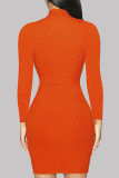 Orange Sexy Casual Sweet Solid Hollowed Out O Neck Long Sleeve Dresses