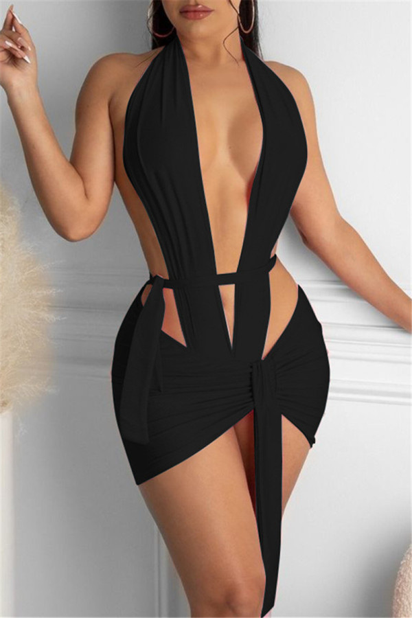 Black Fashion Sexy Solid Hollowed Out Backless V Neck Sleeveless Two Pieces