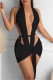 Black Fashion Sexy Solid Hollowed Out Backless V Neck Sleeveless Two Pieces