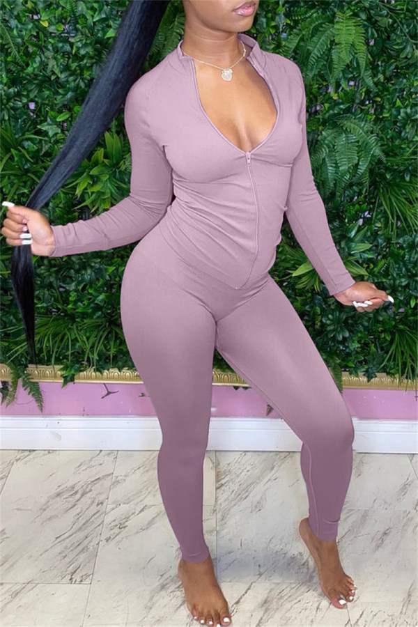 Light Purple Fashion Casual Solid Basic Zipper Collar Long Sleeve Two Pieces