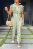 Cream White Casual Solid Split Joint Pocket Buckle With Belt Turndown Collar Straight Jumpsuits