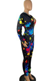 Black Casual Print Graffiti Patchwork Zipper Hooded Collar Long Sleeve Two Pieces