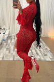 Red Fashion Casual Print Leopard Zipper V Neck Long Sleeve Jumpsuits