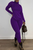 Purple Casual Solid Split Joint Turtleneck Long Sleeve Two Pieces