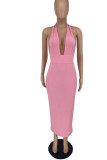 Pink Sexy Solid Split Joint Backless Halter Pencil Skirt Dresses