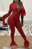 Red Fashion Casual Print Leopard Zipper V Neck Long Sleeve Jumpsuits
