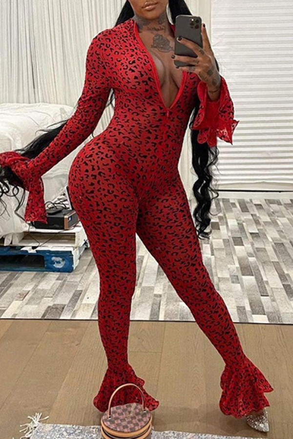 Red Fashion Casual Print Leopard Zipper V Neck Long Sleeve Jumpsuits