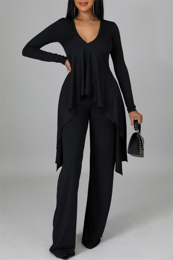 Black Casual Solid Split Joint Asymmetrical V Neck Long Sleeve Two Pieces