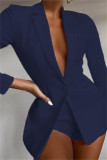 Dark Blue Fashion Casual Solid Basic Turndown Collar Long Sleeve Two Pieces