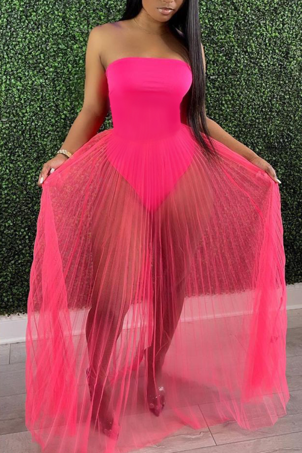 Rose Red Sexy Solid Mesh Strapless Cake Skirt Dress Swimwear