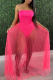 Rose Red Sexy Solid Mesh Strapless Cake Skirt Dress Swimwear