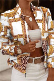 Apricot White Fashion Casual Print Cardigan Zipper Collar Outerwear