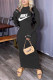 Black Fashion Sportswear Print Patchwork O Neck One Step Skirt Dresses