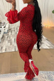 Red Fashion Casual Print Leopard Zipper V Neck Long Sleeve Jumpsuits