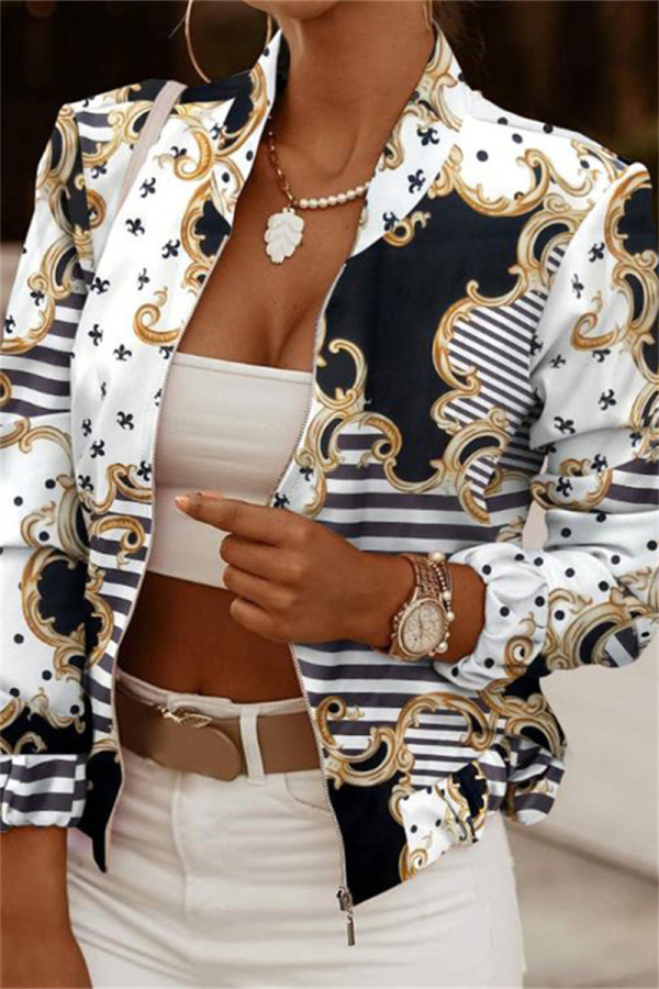Black White Fashion Casual Print Cardigan Zipper Collar Outerwear