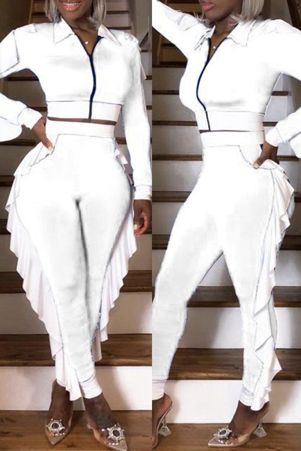 White Fashion Casual Patchwork Zipper Turndown Collar Long Sleeve Two Pieces
