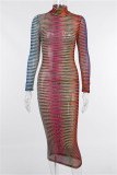 Green Fashion Sexy Striped Print See-through Turtleneck Long Sleeve Dresses