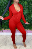 Red Fashion Casual Solid Basic Zipper Collar Long Sleeve Two Pieces