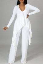 White Casual Solid Split Joint Asymmetrical V Neck Long Sleeve Two Pieces