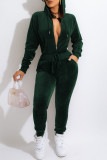 Green Casual Solid Patchwork Zipper Hooded Collar Long Sleeve Two Pieces