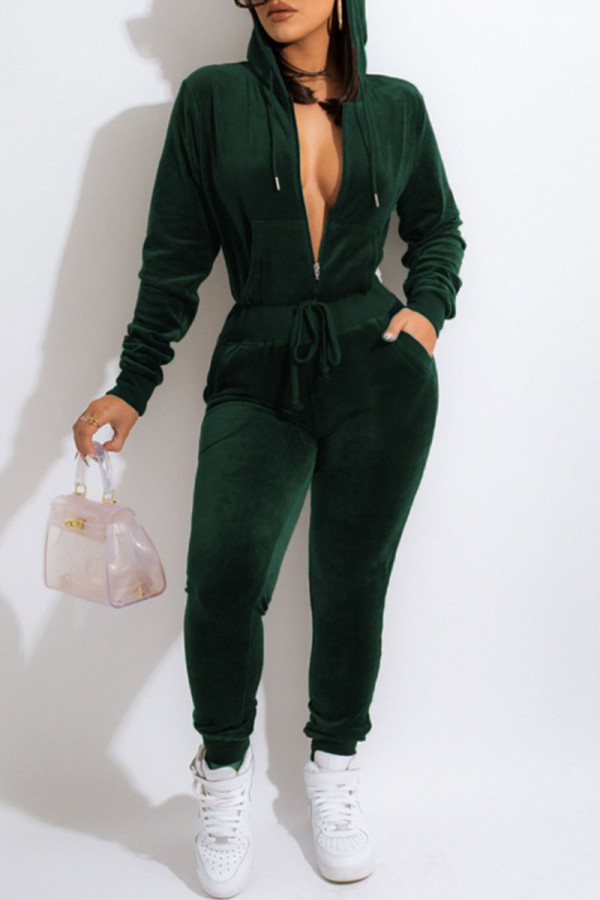 Green Casual Solid Patchwork Zipper Hooded Collar Long Sleeve Two Pieces