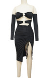 Black Sexy Solid Hollowed Out Split Joint Frenulum Metal Accessories Decoration Fold Strapless One Step Skirt Dresses