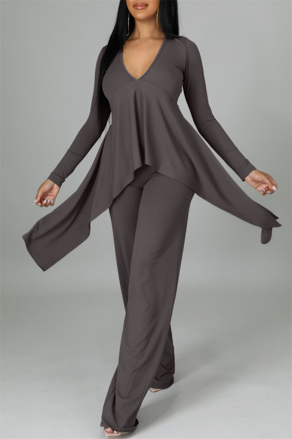 Grey Casual Solid Split Joint Asymmetrical V Neck Long Sleeve Two Pieces