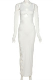 White Fashion Sexy Solid Hollowed Out V Neck Sleeveless Dress (With Gloves)