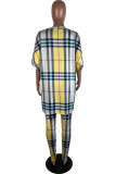 Yellow Fashion Casual Plaid Print Slit Turndown Collar Half Sleeve Two Pieces