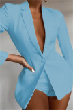 Sky Blue Fashion Casual Solid Basic Turndown Collar Long Sleeve Two Pieces