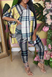 Yellow Fashion Casual Plaid Print Slit Turndown Collar Half Sleeve Two Pieces