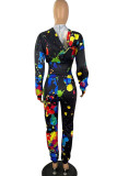 Black Casual Print Graffiti Patchwork Zipper Hooded Collar Long Sleeve Two Pieces