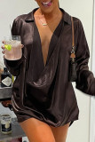 Brown Sexy Solid Patchwork V Neck Long Sleeve Dresses