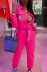 Rose Red Fashion Casual Print With Belt Turndown Collar Jumpsuits