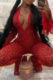 Red Fashion Casual Print Leopard Zipper V Neck Long Sleeve Jumpsuits