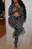 Black Fashion Casual Print Basic V Neck Long Sleeve Two Pieces
