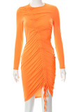 Orange Sexy Solid Patchwork Draw String Fold O Neck One Step Skirt Dresses