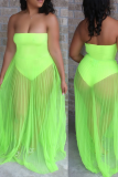 Rose Red Sexy Solid Mesh Strapless Cake Skirt Dress Swimwear
