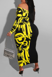 Yellow Sexy Print Patchwork Off the Shoulder One Step Skirt Dresses