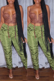 Green Fashion Casual Solid Fold Mid Waist Trousers