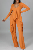 Orange Casual Solid Split Joint Asymmetrical V Neck Long Sleeve Two Pieces