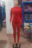 Red Fashion Casual Solid Basic Zipper Collar Long Sleeve Two Pieces